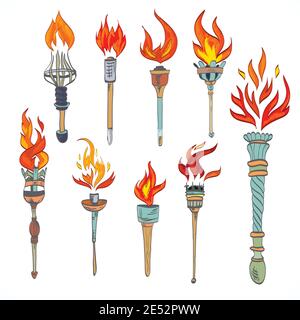 Feuer glühende Flamme Retro-Skizze Fackel Icons Set isoliert Vektor-illustration Stock Vektor