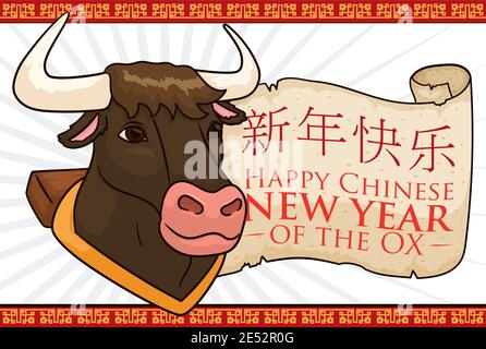 Gedenkdesign zur Feier eines glücklichen chinesischen Neujahrs (in chinesischer Kalligraphie geschrieben), mit Ochsenkopf und Grußrolle. Stock Vektor