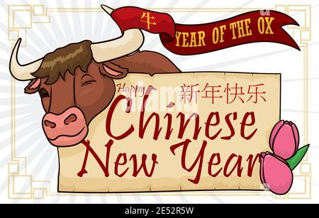 Glücklicher Ochse winkt Ihnen mit einem Band umschlungen auf seinem Horn, Gruß Schriftrolle und Tulpenblüten bereit, um sein chinesisches Neujahr (geschrieben in Chi Stock Vektor