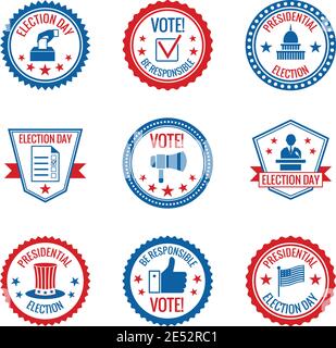 Regierung und Präsidentschafts-Wahlen und Abstimmungen Etiketten set mit Kapitol Person Symbole isoliert Vektor-illustration Stock Vektor