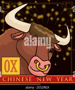 Festliche Nacht Blick mit Feuerwerk und niedlichen Ochsen winken Sie, bereit für chinesische Neujahrsfeier. Stock Vektor