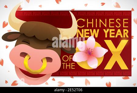 Lächelnder Ochse unter Blütenblättern Dusche und Pfirsichblüte, feiert das chinesische Neujahr des Ochsen. Stock Vektor