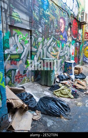 Eine große Anzahl von bunten Wandmalereien, die zu einer ungewöhnlichen Touristenattraktion in einer Gegend geworden sind, die als Graffiti Alley in Toronto Ontario Canada bekannt ist Stockfoto