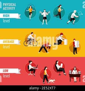 Hohe durchschnittliche und niedrige körperliche Aktivität Ebene horizontale Banner gesetzt Isolierte Vektordarstellung Stock Vektor