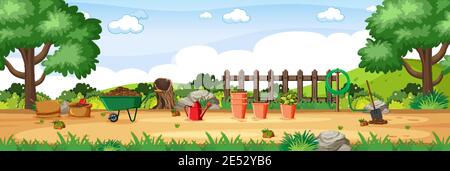 Gartengeräte im Garten horizontale Szene Illustration Stock Vektor