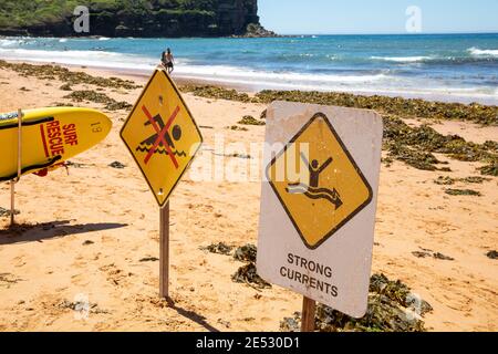 Starke Strömungen und keine Schwimmschilder am Bilgola Beach in Sydney, der an einem heißen Sommertag auch teilweise mit Algen bedeckt ist, Sydney, Australien Stockfoto