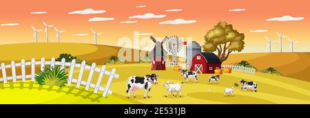 Farmlandschaft mit Tierfarm in Feld und roten Scheune In der Herbstsaison Illustration Stock Vektor