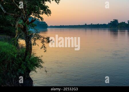 Sonnenuntergang entlang des Flusses Aguarico im Amazonas Regenwald, Cuyabeno Wildreservat, Ecuador. Stockfoto