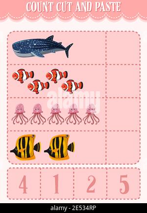 Mathematische Arbeitsblätter für untergeordnete Illustrationen zählen, ausschneiden und einfügen Stock Vektor