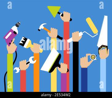 Hände mit Hausreparatur diy Renovierung Hausarbeit Werkzeuge flachen Vektor Abbildung Stock Vektor