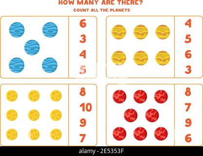 Zählen Sie alle Planeten des Sonnensystems und kreisen Sie die richtige Antwort ein. Mathe-Spiel für Kinder. Stock Vektor