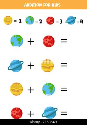 Zusatz für Kinder mit Planeten des Sonnensystems. Lustiges Arbeitsblatt für Vorschulkinder. Stock Vektor