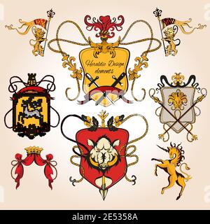 Heraldic Design farbige Elemente dekorative retro Monogramm Skizze Set isoliert vektorgrafik Stock Vektor