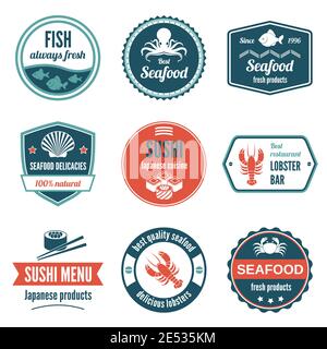 Meeresfrüchte immer frisch Fisch Produkte Delikatessen Sushi japanische Küche Hummer Bar Icons set isoliert Vektor Illustration. Stock Vektor