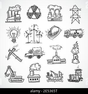 Industrial Sketch Icon Set mit Öl Brennstoff Strom und Energie Industriesymbole isolierte Vektordarstellung Stock Vektor