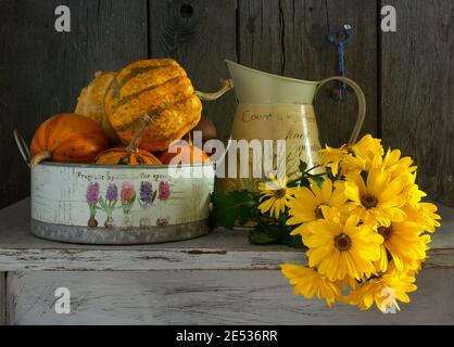 Stillleben mit Kürbissen und einem Bouquet von gelben Chrysanthemen. Vintage. Stockfoto