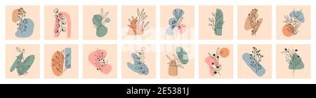 Set aus verschiedenen Blättern und Blumen, abstrakte Formen Stock Vektor