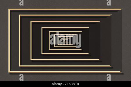 3d geometrische Illustration, optische Täuschung, brauner Hintergrund und goldene Rahmen Stockfoto