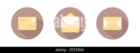 Satz mit verschiedenen Kuverts. E-Mail-Symbol. Retro Postkarte und Bastelpapier. Schriftlicher Brief oder Korrespondenz. Vektor-Illustration in flachen Cartoon-Stil. Stock Vektor