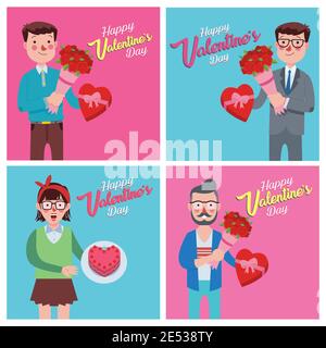 Eine Gruppe von Menschen aus verschiedenen Hintergründen und Berufen Holding Ein Blumenstrauß und Pralinen zum Valentinstag Stock Vektor