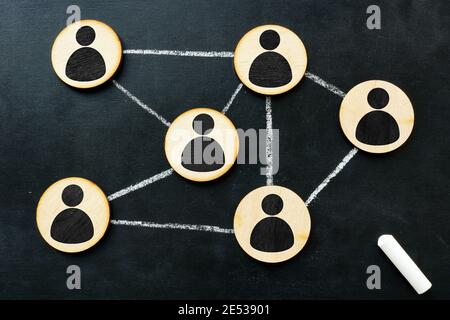 Organisationsstruktur und Konzept des sozialen Netzwerks. Verbunden durch Linien Figuren. Stockfoto