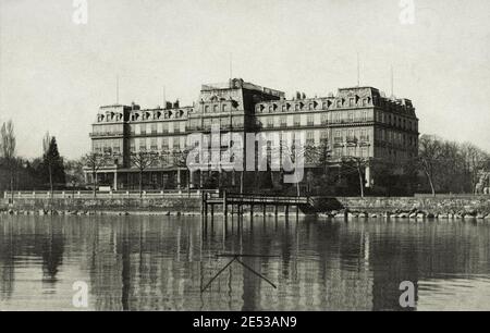 Historisches Foto des Hauptquartiers des Völkerbundes, im Palais des Nations am Ufer des Genfer Sees in der Schweiz. 1920 Stockfoto