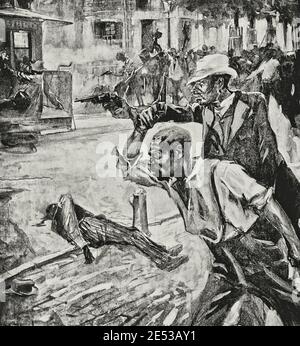 Wilmington, North Carolina race Riot, 1898: Schwarze Männer schießen Handfeuerwaffen auf der Straße (Zeichnung) Stockfoto