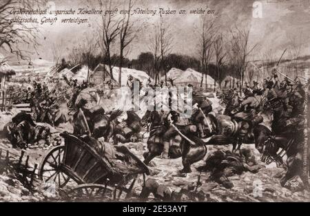 Der erste Weltkrieg. Österreich-ungarische Kavalleristen greifen eine russische Einheit an, die ein galizisches gut verteidigt. Stockfoto