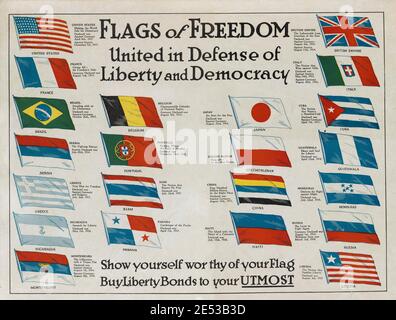 Amerikanisches Vintage-Poster von Flags of Feedom. Vereint in Verteidigung von Freiheit und Demokratie. Stockfoto