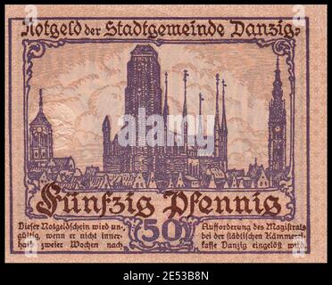 Notgeld-Banknote von Danzig (Stadt). 50 Pfennig. Im Hintergrund konnte man die St. Mary's Church sehen. April 1919 die Freie Stadt Danzig (deutsch Stockfoto