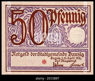 Notgeld-Banknote von Danzig (Stadt). 50 Pfennig. April 1919 die Freie Stadt Danzig (Deutsch: Freie Stadt Danzig; Polnisch: Wolne Miasto Stockfoto