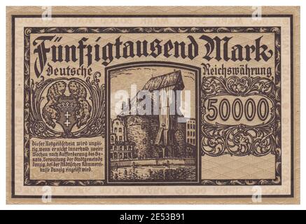 Notgeld-Banknote von Danzig (Stadt). 50000 Mark (DM). Im Hintergrund konnte man sehen; lange Brücke mit Krahntor. Oktober 1922 Die Freie Stadt Stockfoto