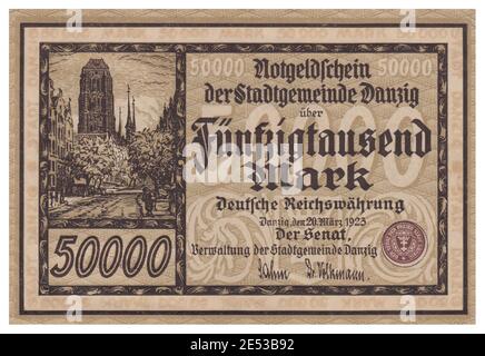 Notgeld-Banknote von Danzig (Stadt). 50000 Mark (DM). Im Hintergrund konnte man die St. Mary's Church sehen. 1922 die Freie Stadt Danzig (deutsch: Stockfoto