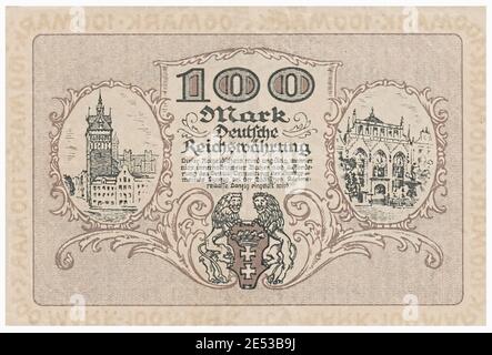 Notgeld-Banknote von Danzig (Stadt). 100 Mark (DM). 1922 die Freie Stadt Danzig (Deutsch: Freie Stadt Danzig; Polnisch: Wolne Miasto GDA Stockfoto