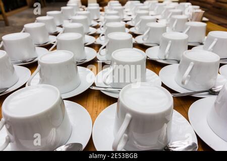 Viele Reihen von reinweißen Tasse Kaffee und Untertasse Für Seminare Stockfoto