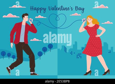 Ein Mann sendet eine Botschaft der Liebe an seine Partnerin mit einem String-Telefon in einer anderen Stadt, die eine Fernbeziehung auf Valenti darstellt Stock Vektor