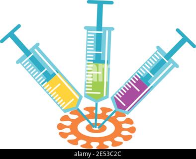 Eine Spritze mit einem Produkt, das in einem Ziel im gepflanzt wurde Form von Covid-19 oder Influenza-Virus Stock Vektor