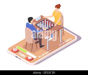 Isometrische junge Mann und Frau spielen Dame auf Smartphone-Bildschirm, flache Vektor-Illustration. Mobile Checkers online. Stock Vektor