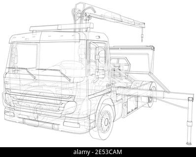 Drahtrahmen-Abschleppwagen. Die Ebenen sichtbarer und unsichtbarer Linien werden getrennt. EPS10-Format. Vektor aus 3d erstellt Stock Vektor