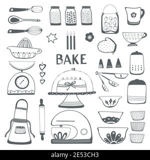 Backküche Icon Illustration Set. Vektor schwarz-weiße Umrisse. Stock Vektor