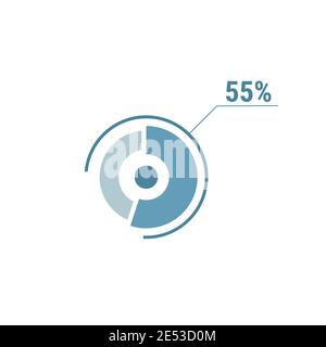 Kreisdiagramm fünfundfünfzig Prozent Kreisdiagramm 55. Vektordiagramm für den Prozentwert des Kreises. Flache Vektorgrafik für Web-UI-Design, blau auf weißem Hintergrund Stock Vektor