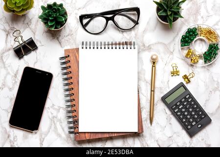 Öffnen Sie leere Notiz Buch, Brille, Stift, Smartphone, Sukkulenten auf Marmortisch Draufsicht Flat Lay Bildung, Ziele, Auflösungen, Pläne, kleine Eigentümer Geschäft Stockfoto