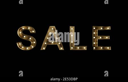 Vintage-Stil VERKAUF Text Zeichen. Retro Banner Vorlage mit Glühbirne leuchtet. 3D-Rendering-Bild Stockfoto