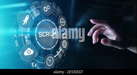 Scrum, Agile Development Methodology, Programming and Application Design Technology Concept on Virtual Screen Stockfoto