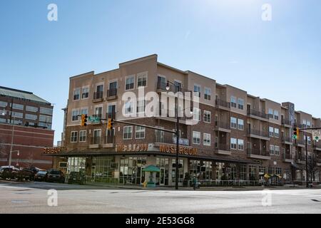 Montgomery, Alabama/USA-20. Januar 2018: Das Mellow Mushroom Restaurant an der Ecke Commerce und BIBB Street in Montgomery. Stockfoto