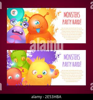 Niedliche Cartoon Monster lustige Alien Charakter Party harte horizontale Banner Isolierte Vektordarstellung festlegen Stock Vektor
