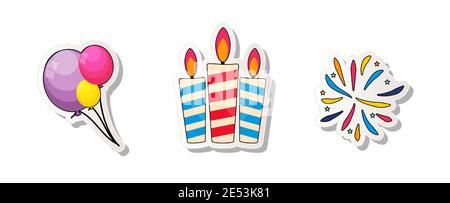 Geburtstagsparty Sticker Kollektion Set Icon mit Kerzen, Luftballons und Feuerwerk. Vektorgrafik Stock Vektor