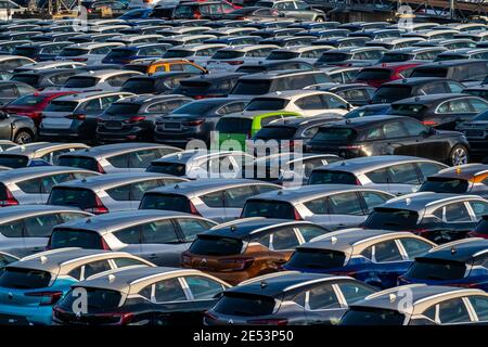 Autoterminal im Binnenhafen Logport I, in Duisburg am Rhein, Fahrzeugumschlag von Neuwagen, Lagerfläche, NRW, Deutschland Stockfoto