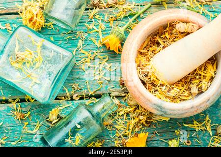 Getrocknete Calendula in Mörser und Stößel.Kräutermedizin.Calendula oder Ringelblume trocken Stockfoto
