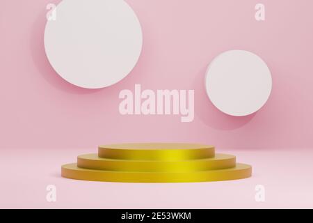 Präsentationsform mit runden kreisförmigen Sockel Gold Podium für Produkt-Display auf rosa Farbe Hintergrund, stehen für Produktwerbung Werbebann Stockfoto